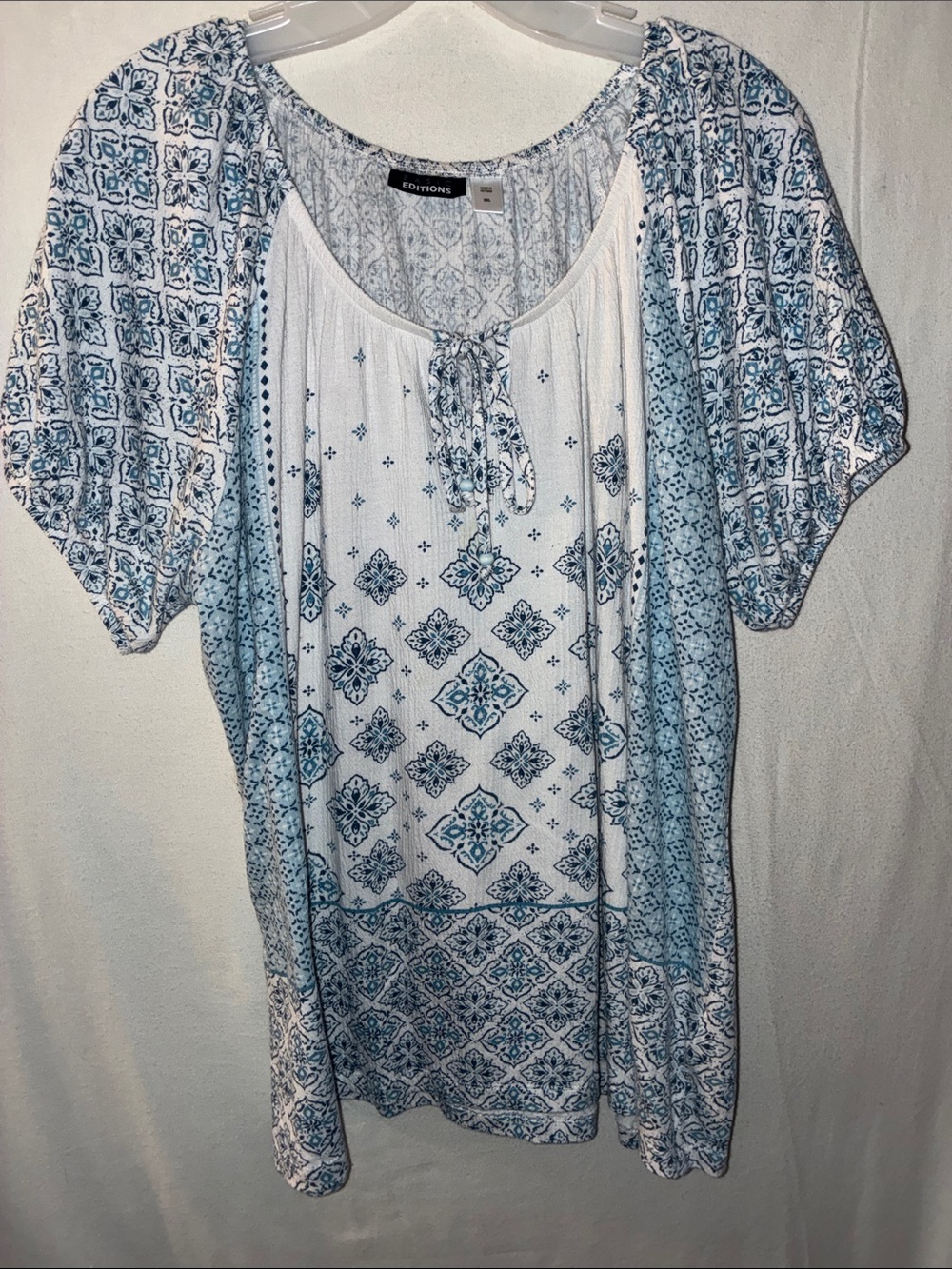 Basic Editions White and Light Blue Printed Peasant Tunic Top